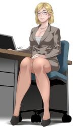 1girls black_footwear blonde_hair blouse blue_eyes braid breasts business_suit business_woman butcha-u capcom chair cleavage clothing crossed_legs dead_rising desk dress_shirt earrings eroquis eyewear female footwear formal glasses high_heels jacket jessica_mccarney jewelry large_breasts lips looking_at_viewer mature_female necklace office office_chair office_lady on_chair pantyhose pencil_skirt see-through_legwear shoes short_hair sitting skirt skirt_suit solo suit thighs white_blouse white_shirt