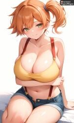 ai_generated arm_support arm_under_breasts asymmetrical_hair bangs bare_arms bare_shoulders blue_shorts blush breast_hold breasts clavicle cleavage closed_mouth clothing color crop_top denim denim_shorts female female_only gen_1_pokemon green_eyes high_resolution huge_breasts kasumi_(pokemon) large_breasts legs looking_at_viewer magicalmagna midriff navel open_fly orange_hair pokemon pokemon_character pokemon_species ponytail shiny shiny_skin shirt short_hair short_shorts shorts side_ponytail sitting skindentation smile solo stomach suspender_shorts suspenders sweat tank_top thick_thighs thighs tied_hair unzipped yellow_shirt