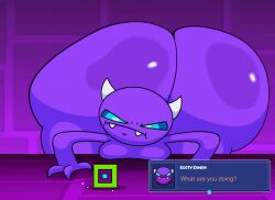 1boy 1girls animated beelzebutt_(mr_otter_breath) blue_eyes breathotter cube_(geometry_dash) demon devil devil_horns easy_demon game geometric_background geometry_dash giant_ass hyper hyper_ass hyper_butt male male_only pouting purple_body tagme