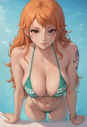 1girls 2024 ai_generated big_breasts bikini boobs bracelets curvaceous curvy curvy_body curvy_female curvy_figure deviantart_link female female_only flowerxl hourglass_figure large_breasts light-skinned_female long_hair looking_at_viewer nami nami_(one_piece) one_piece orange_eyes orange_hair pool solo tattoo tattoo_on_arm two-piece_swimsuit two_piece_swimsuit voluptuous voluptuous_female water wet wide_hips