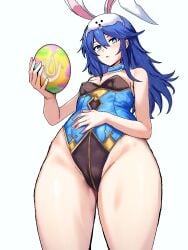 1girls blue_eyes blue_hair bunny_ears bunny_girl bunnysuit egg fake_animal_ears fire_emblem fire_emblem_awakening fire_emblem_heroes holding_object looking_at_viewer lucina_(fire_emblem) lucina_(spring)_(fire_emblem) nintendo open_mouth small_breasts sunset_hiroto thick_thighs thighs