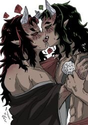 2boys demon demon_boy demon_horns demon_humanoid demon_slayer dominant dominant_male domination drool drooling green_eyes green_sclera hantengu horny horny_male japanese japanese_clothes japanese_clothing japanese_male karaku kimetsu_no_yaiba kissing licking long_bangs long_hair long_hair_male making_out male male_focus male_only male_penetrating muscles muscular muscular_male pointy_ears red_eyes red_sclera s_(artist) sekido sharp_teeth submissive submissive_male tan-skinned_male tan_skin tongue tongue_out upper_moon yaoi