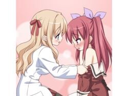 blonde_hair blue_eyes blush cg chibi eroge female fuguriya game_cg matsubara_yuna multiple_girls oda_nanami red_eyes red_hair schoolgirl sono_hanabira_ni_kuchizuke_wo yuri