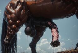 ai_generated cum dirty_penis equine_genitalia flared_penis furry genitals huge_balls huge_cock male_only precum precum_drip smegma stallion sweat veiny veiny_penis zoophilia