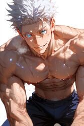 1boy abs ai_generated bara black_pants blue_eyes goldenfieldszho jujutsu_kaisen large_pectorals looking_at_viewer male_focus muscular muscular_male navel navel_hair nipples pants pectorals satoru_gojo scar scar_on_chest short_hair simple_background smile solo spiked_hair sweat topless_male veins white_background white_hair