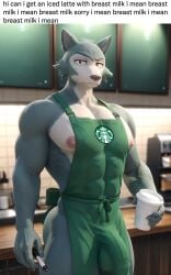 1boy 1furry 1male 3d 5_fingers abs absurd_res absurd_resolution absurdres ai_generated anthro apron apron_bulge apron_only ball_bulge balls balls_bulge balls_outline balls_under_clothes balls_visible_through_clothing ballsack bara barista beastars big_balls big_bulge big_cock big_dick big_nipples big_pecs big_penis big_testicles black_eyes black_nose bored_expression cock coffee coffee_cup coffee_shop detailed_bulge dick flaccid flaccid_cock flaccid_penis furry_male furry_only gay gray_body gray_fur green_apron grey_body grey_fur half-erect half-erect_under_clothing hi_res high_resolution highres holding_coffee holding_coffee_cup holding_pen i_mean_breast_milk kovasfox legoshi_(beastars) looking_at_viewer male_only man_tits man_titties meme mostly_naked mostly_nude mostly_nude_anthro mostly_nude_male muscles muscular muscular_furry naked_in_public netflix nipples nude_in_public pecs pectorals pen penis penis_bulge penis_outline penis_visible_through_clothing public_exposure public_nudity raised_eyebrow solo_male stable_diffusion starbucks testicle testicle_bulge testicles two_tone_body two_tone_fur unimpressed visible_balls visible_penis visible_penis_line visible_penis_shape white_sclera yaoi