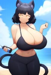 ai_generated blake_belladonna faunas huge_breasts jonnyjonn knowing_look looking_at_hand massive_breasts rwby seaside sports_bra sportswear thick_thighs