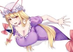 big_breasts breasts dangling_breasts hand_on_breast looking_back mirufui nervous stuck stuck_in_wall sweat touhou trying_to_escape yukari_yakumo