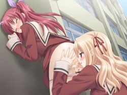 blonde_hair blue_eyes blush censored cg eroge female fuguriya game_cg matsubara_yuna multiple_girls oda_nanami red_eyes red_hair schoolgirl sono_hanabira_ni_kuchizuke_wo yuri