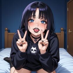 black_lipstick blue_eyes dark_makeup drool goth goth_girl gothic makeup makeup_running mascara_tears peace_sign tears tongue tongue_out