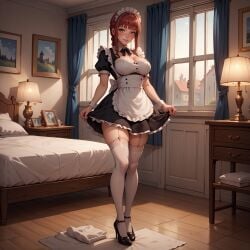 ai_generated bed bedroom black_heels blush breasts chainsaw_man collar curvy earrings garter_straps heels highres hourglass_figure housemaid large_breasts legwear looking_at_viewer maid maid_uniform makima_(chainsaw_man) on_floor qwertart short_sleeves smile standing stockings straps tagme thick_thighs white_stockings wide_hips