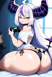 ai_generated ameanon ass ass_cleavage big_ass black_panties butt_crack choker gaming hololive hololive_japan horns huge_ass la+_darknesss large_ass off_shoulder on_bed panties playing_videogame pointy_ears side-tie_panties sitting solo t-shirt tail thick_thighs virtual_youtuber vtuber white_hair yellow_eyes