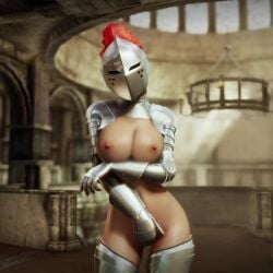 3d 3d_(artwork) 3d_animation animated armor armored_gloves bethesda_softworks big_breasts bikini_armor breasts breasts_out female heart_symbol helmet helmet_covering_face human humanoid inside kardia_of_rhodes loop looping_animation plume sktorus skyrim solo solo_female standing tagme video