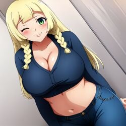 ai_generated big_breasts blonde_hair blue_jeans blush busty cleavage creatures_(company) crop_top curvy denim_jeans facing_viewer female female_only game_freak green_eyes hi_res highres jeans lillie_(pokemon) long_sleeves midriff navel nintendo pokemon pokemon_(game) pokemon_sm pokemon_trainer seraphim_ai smile solo stable_diffusion tight_jeans twintails wink