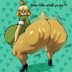 adawndraws animal_crossing anthro ass ass_focus big_ass big_breasts big_thighs butt canine clapping_ass clapping_cheeks domestic_dog green_background heels huge_ass huge_thighs isabelle_(animal_crossing) mammal nintendo sweating text twerking