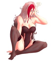 2d 2d_(artwork) big_breasts cleavage corset female red_eyes stockings tabithash thick_thighs virtual_youtuber voluptuous voluptuous_female vtuber vtuberfanart white_hair wide_hips