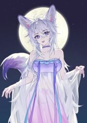 absurdres animal_ears bottomless choker dress female fox_ears grey_hair highres kirby_d_a nightgown original purple_eyes see-through tail tattoo white_hair