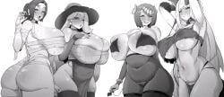 4girls :p armpits ass big_ass big_breasts blush breasts earrings efto_(pixiv) freckles hair_ornament halloween hi_res highres huge_breasts lana's_mother_(pokemon) long_hair lusamine_(pokemon) mature_female melony_(pokemon) milf milfs monochrome mother_(pokemon_sv) mummy_costume nintendo one_eye_closed painted_nails pokemon succubus_costume succubus_horns succubus_tail sweatdrop tied_hair tongue_out torn_clothes werewolf_costume werewolf_girl white_background wide_hips witch_costume witch_hat wolf_ears