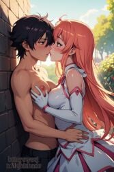 2girls against_wall ai_generated bittersweetnaightshade breast_press dark_hair groping groping_breasts magical_girl pink_hair shirtless_female short_hair tomboy yuri