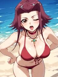 ai_generated akiza_izinski bikini breasts brown_eyes collar cybergirlain edit edited female hi_res huge_breasts izayoi_aki looking_at_viewer navel one_eye_closed pussy_juice red_hair solo summer yu-gi-oh! yu-gi-oh!_5d's