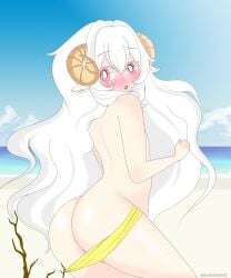 1boy adult alisananar beach big_ass big_butt boy curly_hair digital_media_(artwork) femboy femboy_only long_hair original original_character penis pink_eyes sheep sheep_horns small_penis soft_ass solo solo_femboy swimsuit white white_hair