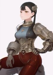 1girls ai ai_generated armor armored armored_boots armored_female armored_gloves ashei black_hair blue_background breasts corset female female_only fully_clothed gloves nintendo red_eyes red_gloves small_waist the_legend_of_zelda the_legend_of_zelda:_twilight_princess twilight_princess