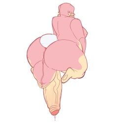 anthro audino big_ass big_balls big_butt cock-tail fat futanari hyper_balls hyper_genitalia hyper_penis large_balls large_penis morbidly_obese normal_breasts obese pokemon precum turned_around