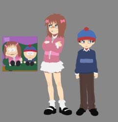 1boy 1girls brown_pants fanart frilly_skirt hat layered_skirt legs miniskirt not_porn pink_jacket screencap sfw shelly_marsh short_skirt siblings south_park stan_marsh white_skirt