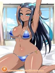 1girls bed bikini black_hair blue_bikini blue_eyes blue_hair blue_swimsuit breasts earrings eyeshadow hair_bun hoop_earrings long_hair looking_at_viewer makeup medium_breasts midriff multicolored_hair navel nessa_(pokemon) nintendo pokemon pokemon_ss stretching swimsuit window yensh