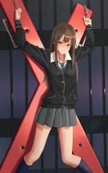 absurdres black_socks bondage brown_hair crucifixion cuffs handcuffs highres idolmaster idolmaster_cinderella_girls jewelry kneehighs necklace necktie pleated_skirt po-i-mu restrained school_uniform shibuya_rin skirt socks st._andrew's_cross x-cross_(bdsm)