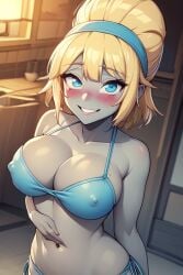 ai_generated bikini bikini_zombie bikini_zombie_(pvz) blonde_hair female grey_body headband nipples nipples_visible_through_clothing panties plants_vs_zombies pvz smile zombie