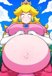 ai_generated belly belly_button belly_expansion big_belly blonde blonde_female blonde_hair breasts huge_belly mario_(series) navel nintendo pregnant pregnant_belly pregnant_female princess_peach super_mario_bros.