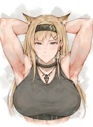 1girls animal_ears arknights armpits arms_behind_head arms_up big_breasts blonde_female blonde_hair blonde_hair_female clothed clothed_female clothing collar earpiece female female_only hands_behind_head hands_up headband headgear horn_(arknights) large_breasts laserflip light-skinned_female light_skin looking_at_viewer muscular_female nipple_bulge nipples nipples_visible_through_clothing pendant rosaline straight_hair sweat topwear