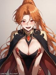 1girls ai_generated big_breasts blush cloak clothed dress eolka_rivel_strashur_(pick_me_up) jellyray long_hair looking_at_viewer open_mouth orange_hair pick_me_up ponytail red_eyes sfw smile solo solo_female solo_focus webtoon