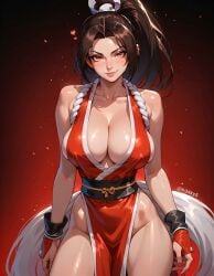 ai_generated brown_eyes brown_hair cleavage fatal_fury fr34ky hips huge_breasts japanese_clothing kimono king_of_fighters mai_shiranui perfect_body ponytail smile