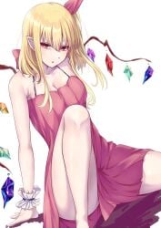 dress flandre_scarlet looking_at_viewer mirufui pointy_ears sitting thick_thighs thighs touhou vampire