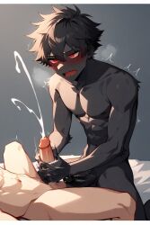 ai_generated black_fur black_penis cum cumshot furry handjob humanoid_genitalia humanoid_penis male_furry male_only red_eyes vraiphenix