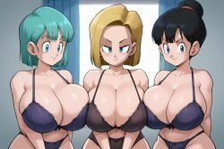 3girls ai_generated android_18 breasts bulma_briefs chichi cleavage dragon_ball_super dragon_ball_z huge_breasts large_breasts smile