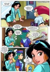 aladdin comic disney green_hair i_fought_the_law_and_the_law_won_(comic) jessie_(pokemon) junsar_(pokemon) musashi_(pokemon) officer_jenny_(pokemon) palcomix pokemon policewoman princess_jasmine red_hair yuri