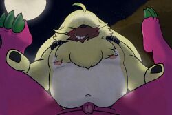 3:2 anal angoramon anthro bandai_namco belly belt bottom_pov digimon digimon_(species) duo first_person_view fluffy_chest fur genitals goenym hair hair_over_eyes hi_res legs_held male male/male male_penetrated male_penetrating male_penetrating_male moon musclegut muscular navel nipples pecs penetration penis psychemon sex tapering_penis yellow_body yellow_fur