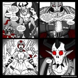 1girls adeptus_custodes armor_break chaos_(warhammer) comic confused confused_look dialogue english_text exposed exposed_bra exposed_panties female imperium_of_man necrocephalopod shattered_armor speech_bubble sweat sweating text warhammer_(franchise) warhammer_40k