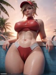 abs ai_generated bampkin8 bare_shoulders blonde_hair blue_eyes cameltoe female from_below large_breasts lifeguard_mercy looking_at_viewer mercy navel overwatch pool solo sunset voluptuous