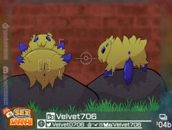anus blue_eyes blue_genitals border brick_wall duo female feral fur generation_5_pokemon genitals grass hi_res joltik male male/female multi_eye nintendo penis plant pokemon pokemon_(species) rock velvet706 vulva wall_(structure) watermark yellow_body