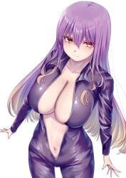 big_breasts breasts hijiri_byakuren long_hair looking_at_viewer looking_up midriff mirufui no_bra open_shirt revealing_clothes touhou