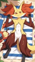 1girls 2024 ai_generated anthro beach canine delphox digitigrade female female_only fox generation_6_pokemon hi_res high-angle_view inner_ear_fluff innie_pussy laying_down laying_on_back laying_on_towel looking_at_viewer nintendo nude nude_female on_back on_towel orange_eyes orange_fur outdoors pokemon pokemon_(species) pussy red_fur white_fur yellow_fur