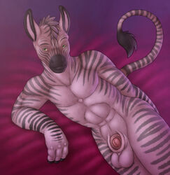 3_fingers abs anthro balls black_fur chokodonkey equine fur green_eyes grey_fur grey_hair hair happy high_resolution looking_at_viewer lying male male_only mohawk on_side pecs penis pink_penis pink_skin pose short_hair skin smile solo white_eyes white_fur zebra