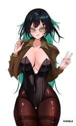 :t black_hair bomber_jacket bunnysuit cersea_soulstorm chromashift cleavage green_eyes green_hair grin hourglass_figure kainele long_hair peace_sign round_glasses stockings v-neck virtual_youtuber
