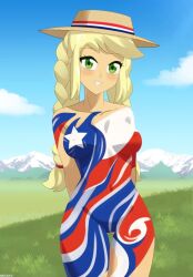 1girls 2024 2d 2d_(artwork) applejack_(eg) applejack_(mlp) blonde_female blonde_hair bodypaint braid braided_hair chile chilean_female chilean_flag equestria_girls fanart female female_only friendship_is_magic green_eyes hasbro hat hourglass_figure human independence_day mountains my_little_pony outdoors riouku slim_waist solo solo_female twitter_link