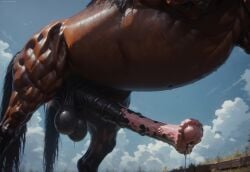 ai_generated cum dirty_penis equine_genitalia flared_penis furry genitals huge_balls huge_cock male_only precum precum_drip smegma stallion sweat veiny veiny_penis