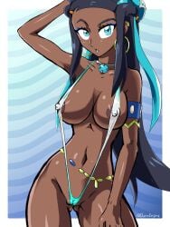 1girls belly_chain black_hair blue_eyes blue_hair breasts choker darm_engine earclip earrings eyeshadow hair_bun hoop_earrings large_breasts long_hair looking_at_viewer makeup midriff multicolored_hair navel nessa_(pokemon) nintendo one-piece_swimsuit pokemon pokemon_ss slingshot_swimsuit swimsuit white_one-piece_swimsuit white_swimsuit